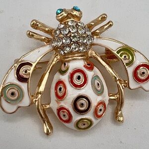 Colorful Colourful Enamen Bee Bug Brooch Pin with Rhinestones Gold Tone